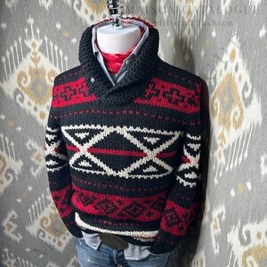 Polo Ralph Lauren Southwestern Aztec Hand-Knit Black Wool Shawl Collar Sweater